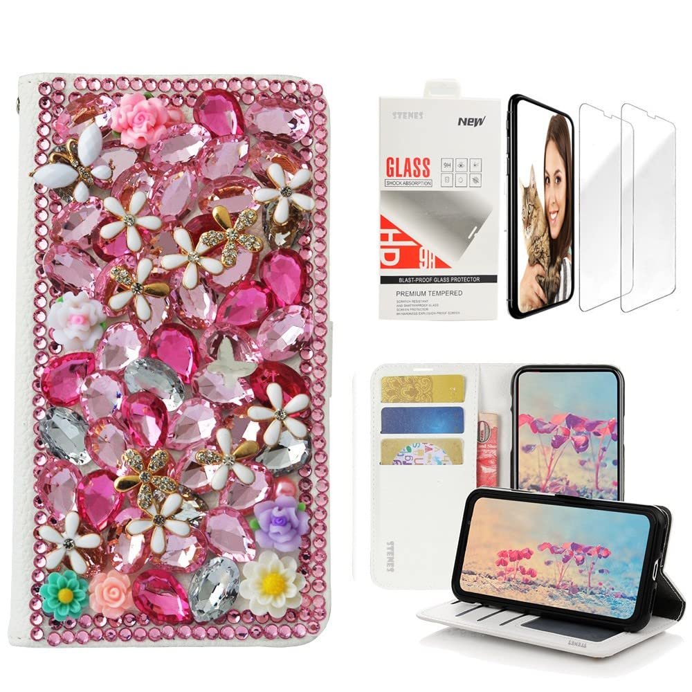 STENES Bling Wallet Case Compatible with iPod Touch 7th Gen (2019) - Stylish - 3D Handmade Flowers Floral Design Leather Case with Wrist Strap & Screen Protector [2 Pack] - Pink