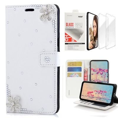 STENES Bling Wallet Case Compatible with iPod Touch 7th Gen (2019) - Stylish - 3D Handmade Flowers Design Leather Case with Wrist Strap & Screen Protector [2 Pack] - White