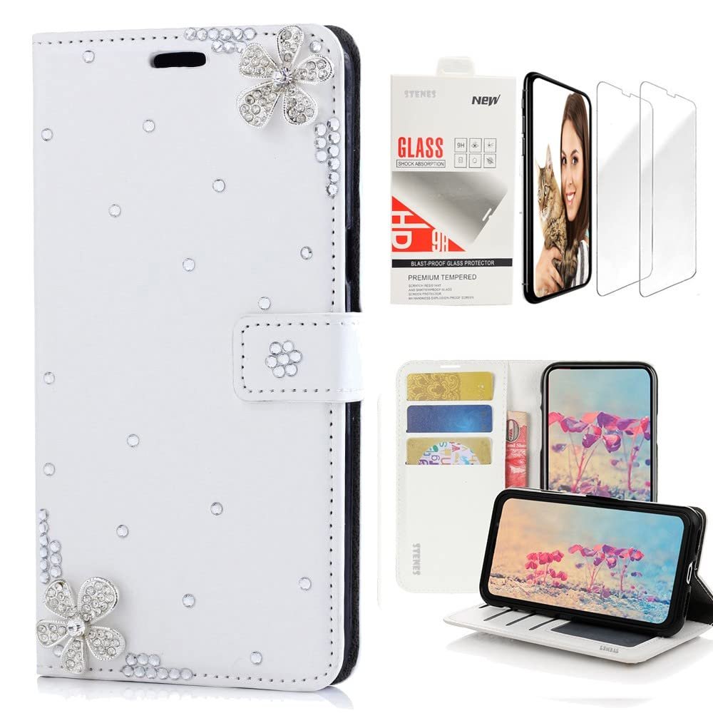 STENES Bling Wallet Case Compatible with iPod Touch 7th Gen (2019) - Stylish - 3D Handmade Flowers Design Leather Case with Wrist Strap & Screen Protector [2 Pack] - White