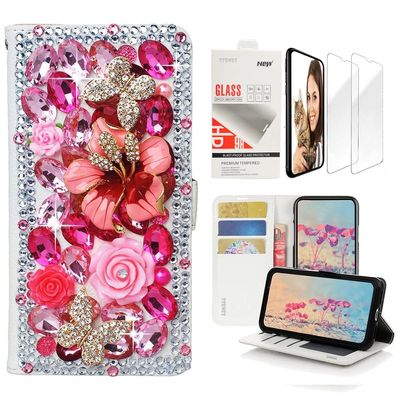 STENES Bling Wallet Case Compatible with iPod Touch 7th Gen (2019) - Stylish - 3D Handmade Flowers Floral Butterfly Leather Case with Wrist Strap & Screen Protector [2 Pack] - Hot Pink