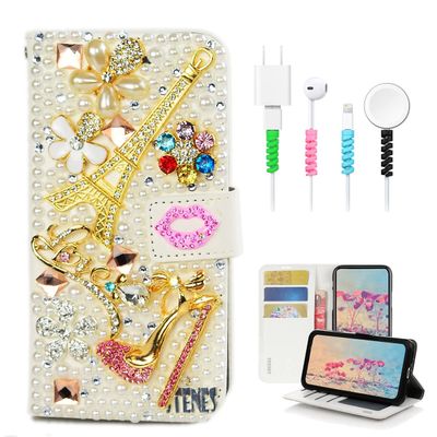 STENES Bling Wallet Case Compatible with iPod Touch 7th Gen (2019) - Stylish - 3D Handmade Eiffel Tower Girls High Heel Flowers Lips Leather Cover with Cable Protector [4 Pack] - Pink