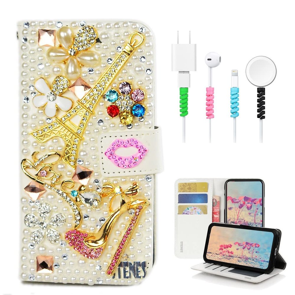 STENES Bling Wallet Case Compatible with iPod Touch 7th Gen (2019) - Stylish - 3D Handmade Eiffel Tower Girls High Heel Flowers Lips Leather Cover with Cable Protector [4 Pack] - Pink