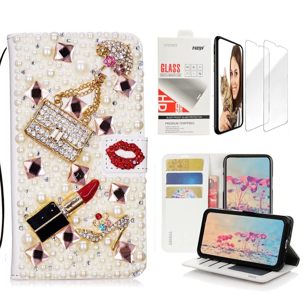 STENES Bling Wallet Case Compatible with iPod Touch 7th Gen (2019) - Stylish - 3D Handmade Girls Bags Lipstick High Heel Leather Case with Wrist Strap & Screen Protector [2 Pack] - Red