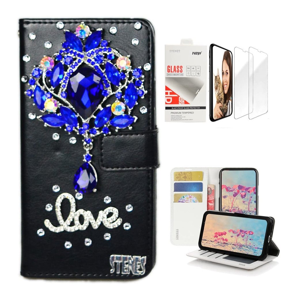 STENES Bling Wallet Case Compatible with iPod Touch 7th Gen (2019) - Stylish - 3D Handmade Luxury Rhinestone Flower Leather Case with Wrist Strap & Screen Protector [2 Pack] - Purple
