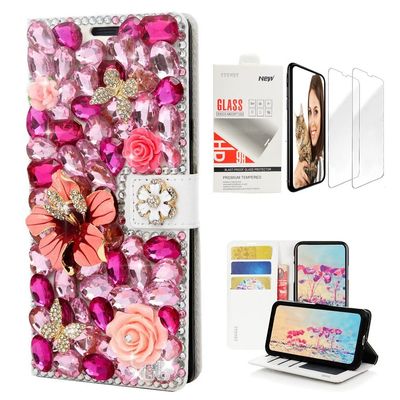 STENES Bling Wallet Case Compatible with iPod Touch 7th Gen (2019) - Stylish - 3D Handmade Flowers Butterfly Design Leather Case with Wrist Strap & Screen Protector [2 Pack] - Red