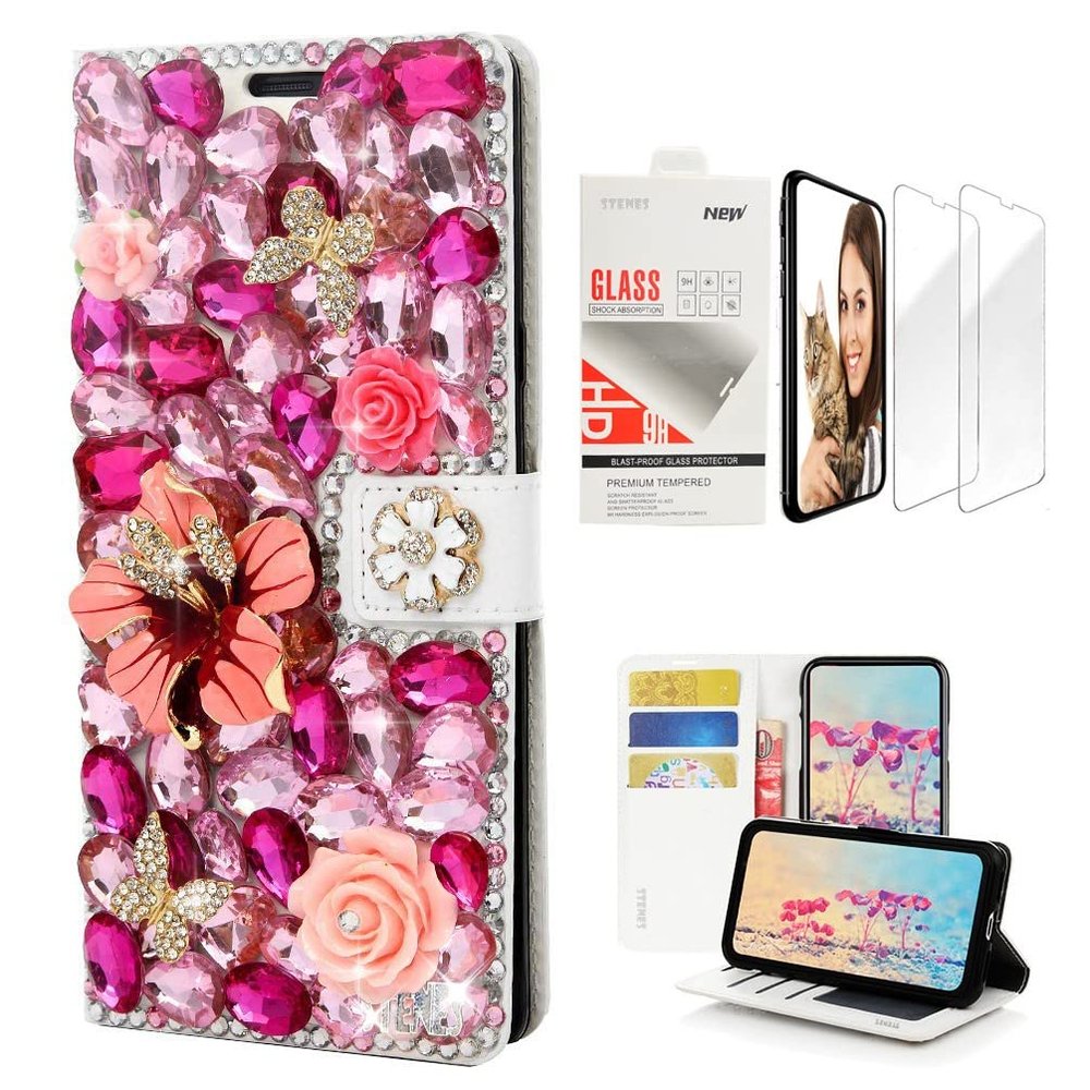 STENES Bling Wallet Case Compatible with iPod Touch 7th Gen (2019) - Stylish - 3D Handmade Flowers Butterfly Design Leather Case with Wrist Strap & Screen Protector [2 Pack] - Red