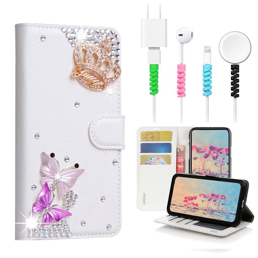 STENES Bling Wallet Case Compatible with iPod Touch 7th Gen (2019) - Stylish - 3D Handmade Crown Butterfly Design Leather Cover with Cable Protector [4 Pack] - White