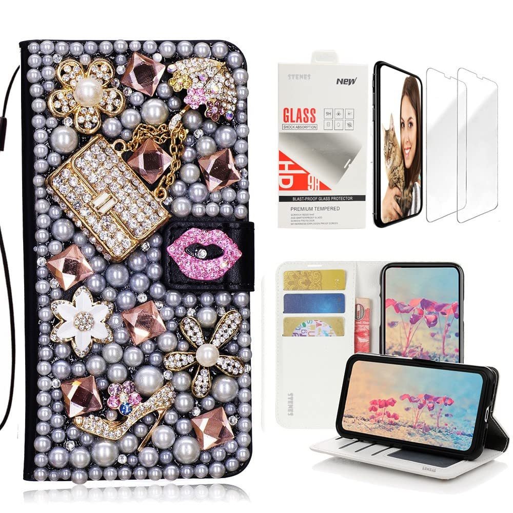 STENES Bling Wallet Case Compatible with iPod Touch 7th Gen (2019) - Stylish - 3D Handmade Sexy Girls Bag High Heel Lips Leather Case with Wrist Strap & Screen Protector [2 Pack] - Pink