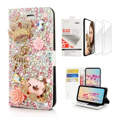STENES Bling Wallet Case Compatible with iPod Touch 7th Gen (2019) - Stylish - 3D Handmade Crown Ballet Pretty Girl Pumpkin Car Flower Leather Case with Wrist Strap&Screen Protector [2 Pack] - Pink