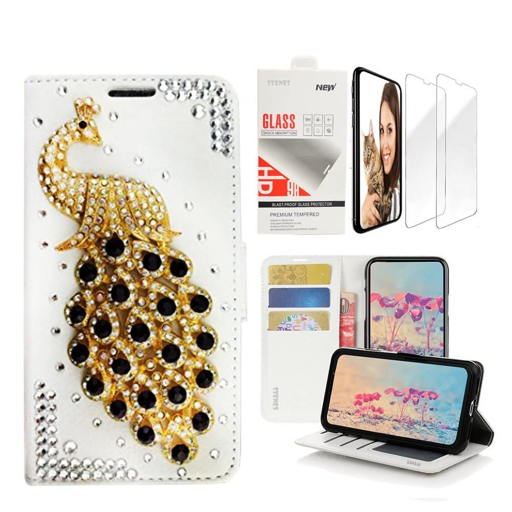 STENES Bling Wallet Case Compatible with iPod Touch 7th Gen (2019) - Stylish - 3D Handmade Peacock Design Leather Case with Wrist Strap & Screen Protector [2 Pack] - Black