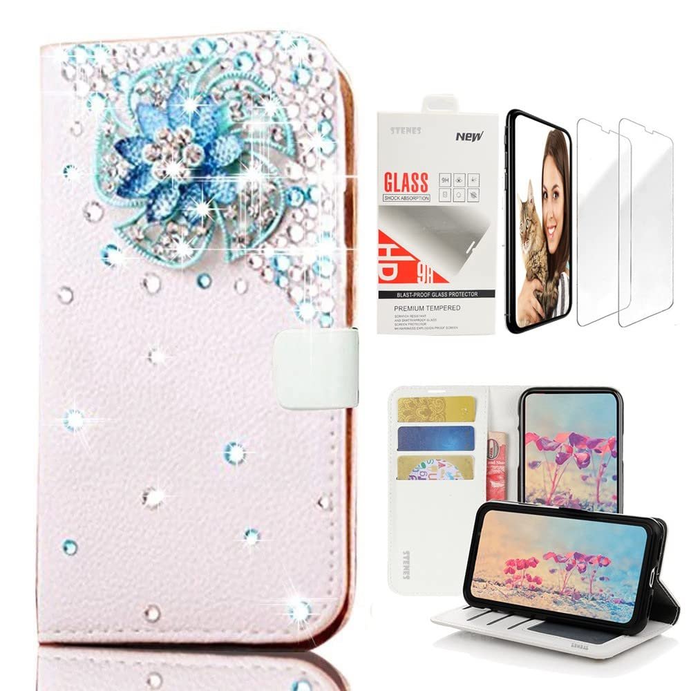 STENES Bling Wallet Case Compatible with iPod Touch 7th Gen (2019) - Stylish - 3D Handmade Windmill Flowers Design Leather Case with Wrist Strap & Screen Protector [2 Pack] - Blue