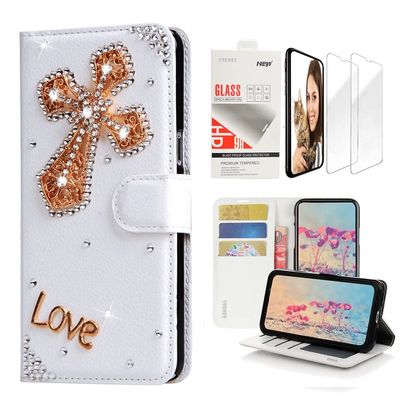 STENES Bling Wallet Case Compatible with iPod Touch 7th Gen (2019) - Stylish - 3D Handmade Cross Design Leather Case with Wrist Strap & Screen Protector [2 Pack] - Gold