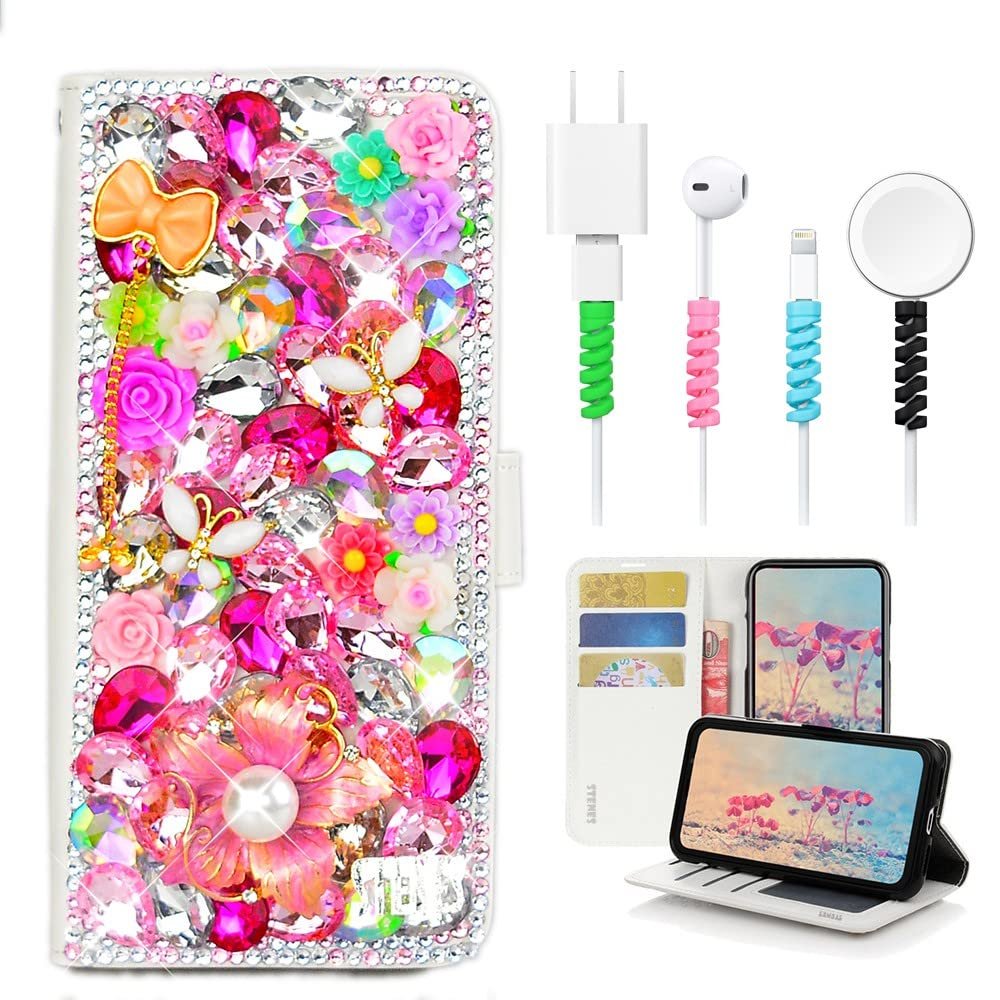 STENES Bling Wallet Case Compatible with iPod Touch 7th Gen (2019) - Stylish - 3D Handmade Luxury Flowers Butterfly Floral Bow Pendant Leather Cover with Cable Protector [4 Pack] - Pink