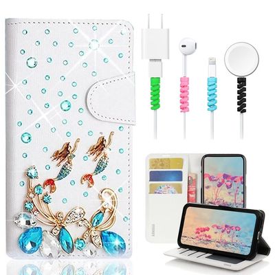 STENES Bling Wallet Case Compatible with iPod Touch 7th Gen (2019) - Stylish - 3D Handmade Butterfly Mermaid Design Leather Cover with Cable Protector [4 Pack] - Light Blue