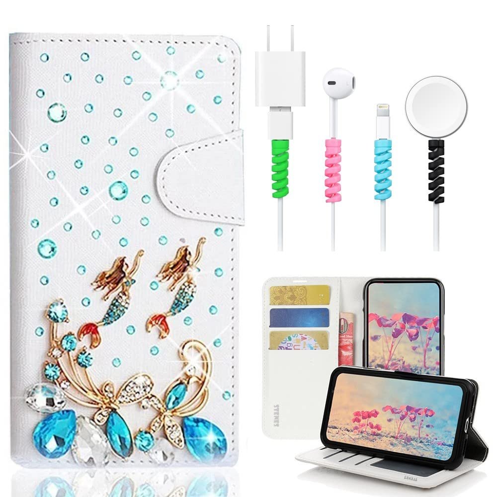STENES Bling Wallet Case Compatible with iPod Touch 7th Gen (2019) - Stylish - 3D Handmade Butterfly Mermaid Design Leather Cover with Cable Protector [4 Pack] - Light Blue