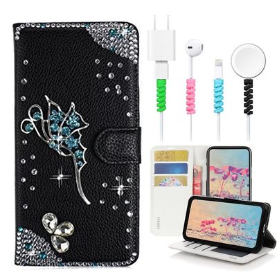 STENES Bling Wallet Case Compatible with iPod Touch 7th Gen (2019) - Stylish - 3D Handmade Fairy Design Leather Cover with Cable Protector [4 Pack] - Black