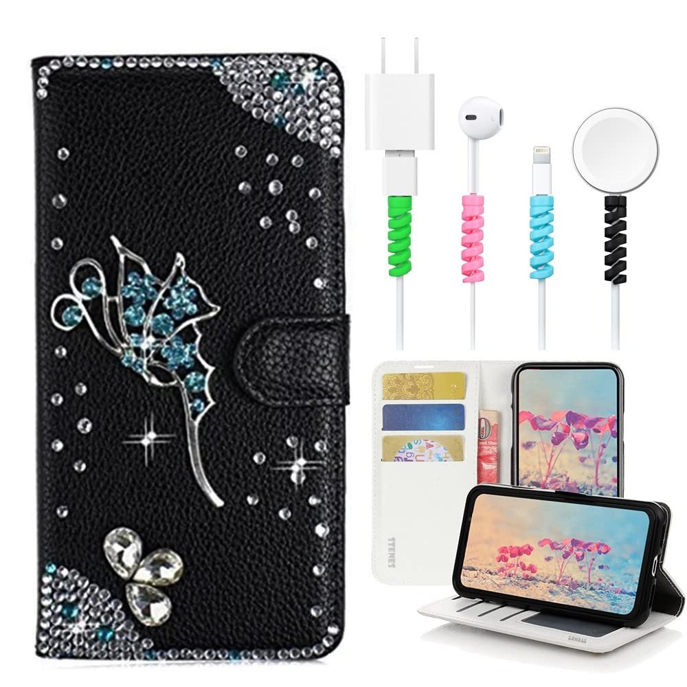 STENES Bling Wallet Case Compatible with iPod Touch 7th Gen (2019) - Stylish - 3D Handmade Fairy Design Leather Cover with Cable Protector [4 Pack] - Black