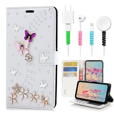 STENES Bling Wallet Case Compatible with iPod Touch 7th Gen (2019) - Stylish - 3D Handmade S-Link Butterfly Floral Design Leather Cover with Cable Protector [4 Pack] - White