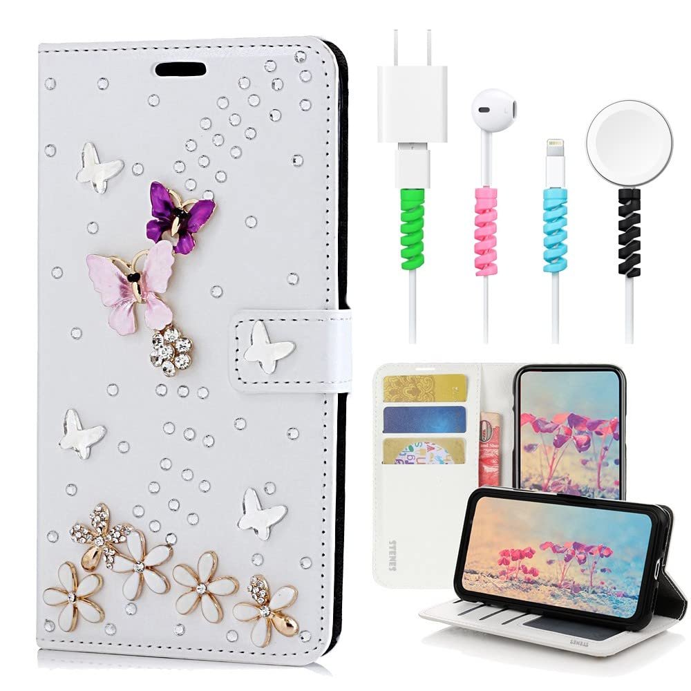 STENES Bling Wallet Case Compatible with iPod Touch 7th Gen (2019) - Stylish - 3D Handmade S-Link Butterfly Floral Design Leather Cover with Cable Protector [4 Pack] - White