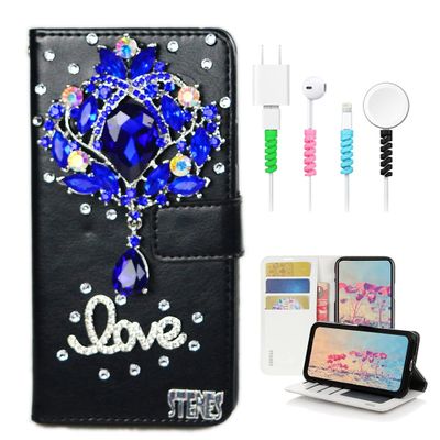 STENES Bling Wallet Case Compatible with iPod Touch 7th Gen (2019) - Stylish - 3D Handmade Luxury Rhinestone Flower Leather Cover with Cable Protector [4 Pack] - Purple