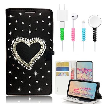 STENES Bling Wallet Case Compatible with iPod Touch 7th Gen (2019) - Stylish - 3D Handmade Heart Design Leather Cover with Cable Protector [4 Pack] - Black