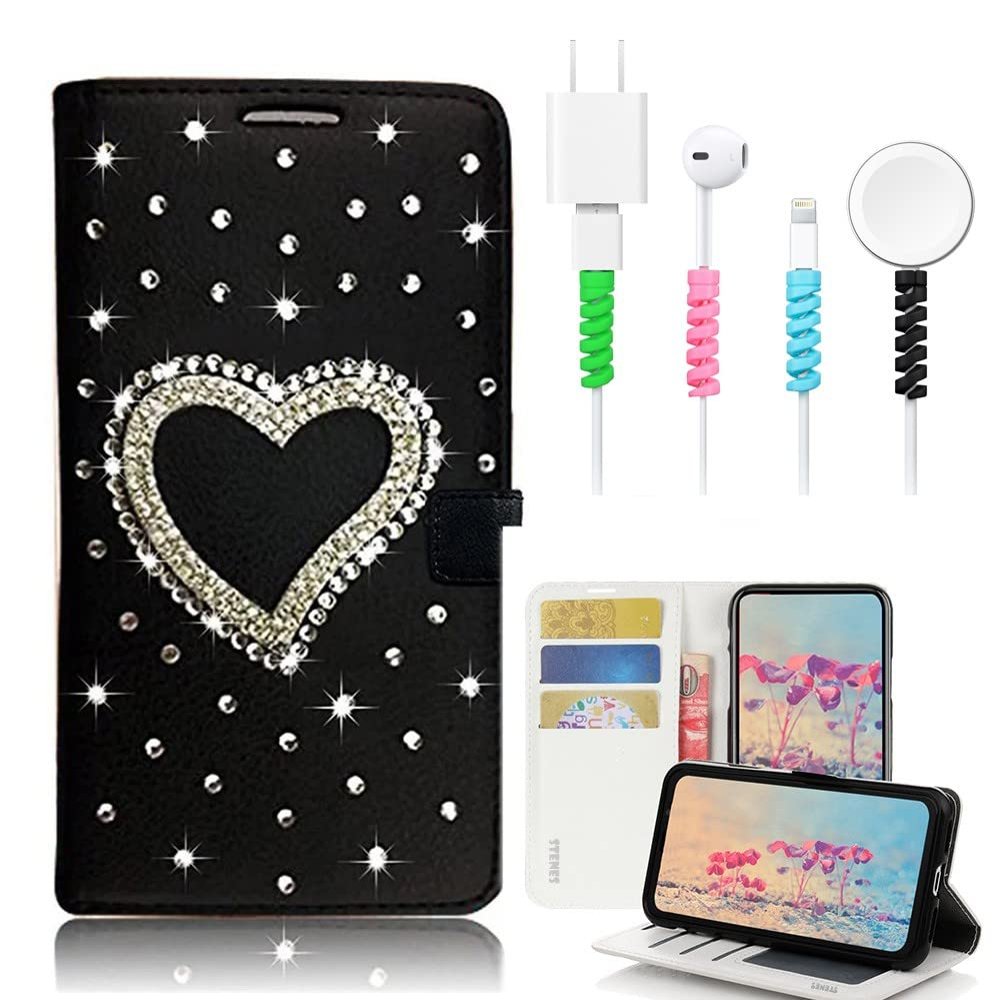 STENES Bling Wallet Case Compatible with iPod Touch 7th Gen (2019) - Stylish - 3D Handmade Heart Design Leather Cover with Cable Protector [4 Pack] - Black