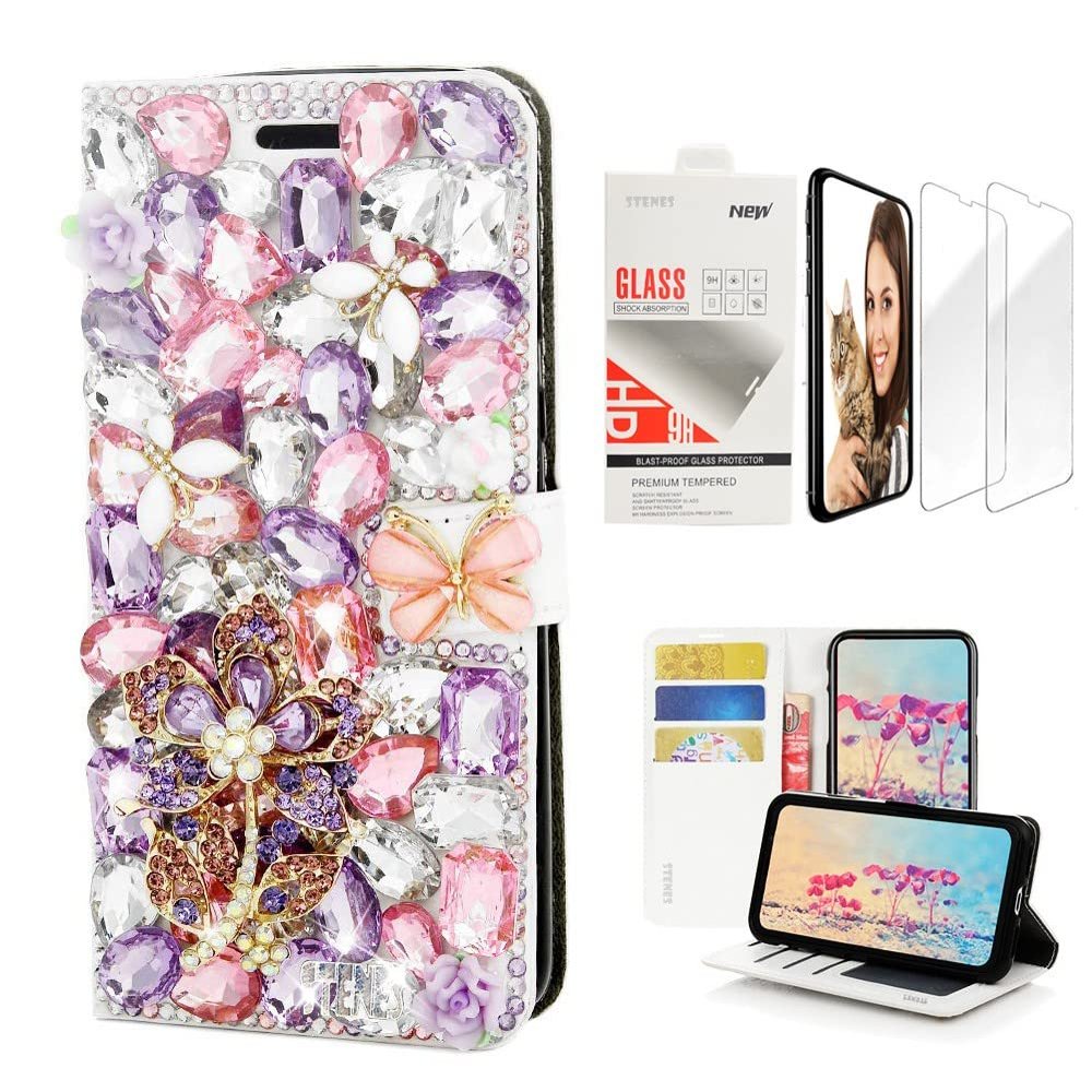 STENES Bling Wallet Case Compatible with iPod Touch 7th Gen (2019) - Stylish - 3D Handmade Sunshine Flower Butterfly Leather Case with Wrist Strap & Screen Protector [2 Pack] - Purple