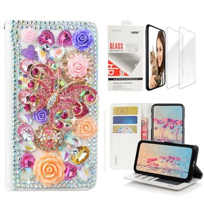 STENES Bling Wallet Case Compatible with iPod Touch 7th Gen (2019) - Stylish - 3D Handmade Rose Butterfly Flowers Design Leather Case with Wrist Strap & Screen Protector [2 Pack] - Pink