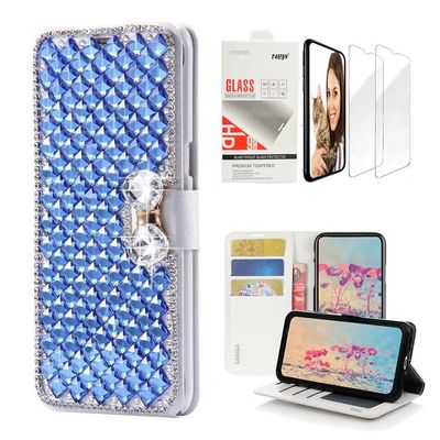 STENES Bling Wallet Case Compatible with iPod Touch 7th Gen (2019) - Stylish - 3D Handmade Lattice Bowknot Design Leather Case with Wrist Strap & Screen Protector [2 Pack] - Blue