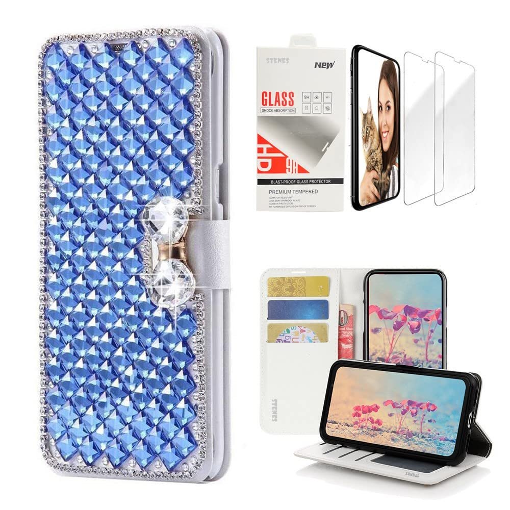 STENES Bling Wallet Case Compatible with iPod Touch 7th Gen (2019) - Stylish - 3D Handmade Lattice Bowknot Design Leather Case with Wrist Strap & Screen Protector [2 Pack] - Blue