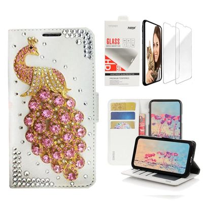 STENES Bling Wallet Case Compatible with iPod Touch 7th Gen (2019) - Stylish - 3D Handmade Peacock Design Leather Case with Wrist Strap & Screen Protector [2 Pack] - Pink