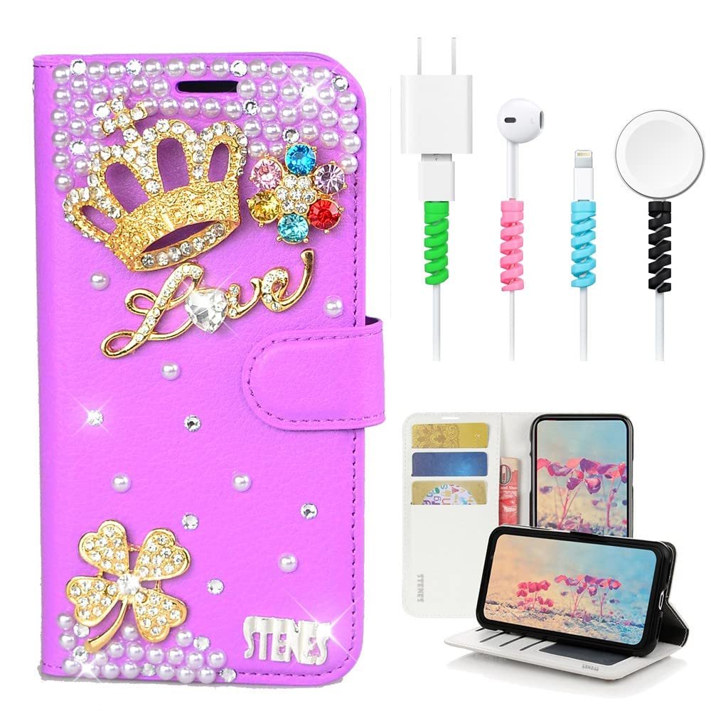 STENES Bling Wallet Case Compatible with iPod Touch 7th Gen (2019) - Stylish - 3D Handmade Clover Crown Flowers Design Leather Cover with Cable Protector [4 Pack] - Purple