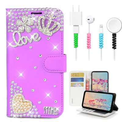 STENES Bling Wallet Case Compatible with iPod Touch 7th Gen (2019) - Stylish - 3D Handmade Crown Pearl Heart Flower Leather Cover with Cable Protector [4 Pack] - Purple