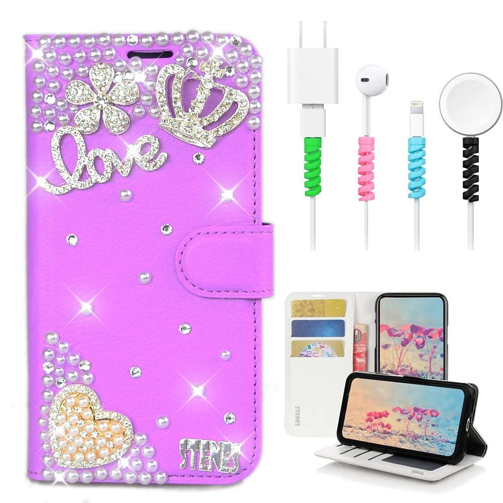 STENES Bling Wallet Case Compatible with iPod Touch 7th Gen (2019) - Stylish - 3D Handmade Crown Pearl Heart Flower Leather Cover with Cable Protector [4 Pack] - Purple