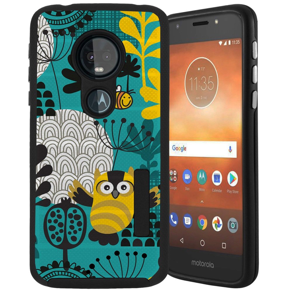 CasesOnDeck Case Compatible with [Moto G7 Play/Moto G7 Optimo/T-Mobile REVVLRY][Grip Tactical] Hybrid Bump and Drop Protection Case Slim Fit Dual Layer Cover (Teal Owls)