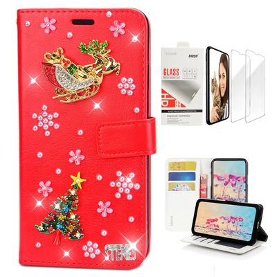 STENES Bling Wallet Case Compatible with iPod Touch 7th Gen (2019) - Stylish - 3D Handmade Christmas Tree Elk Gift Floral Leather Case with Wrist Strap & Screen Protector [2 Pack] - Red