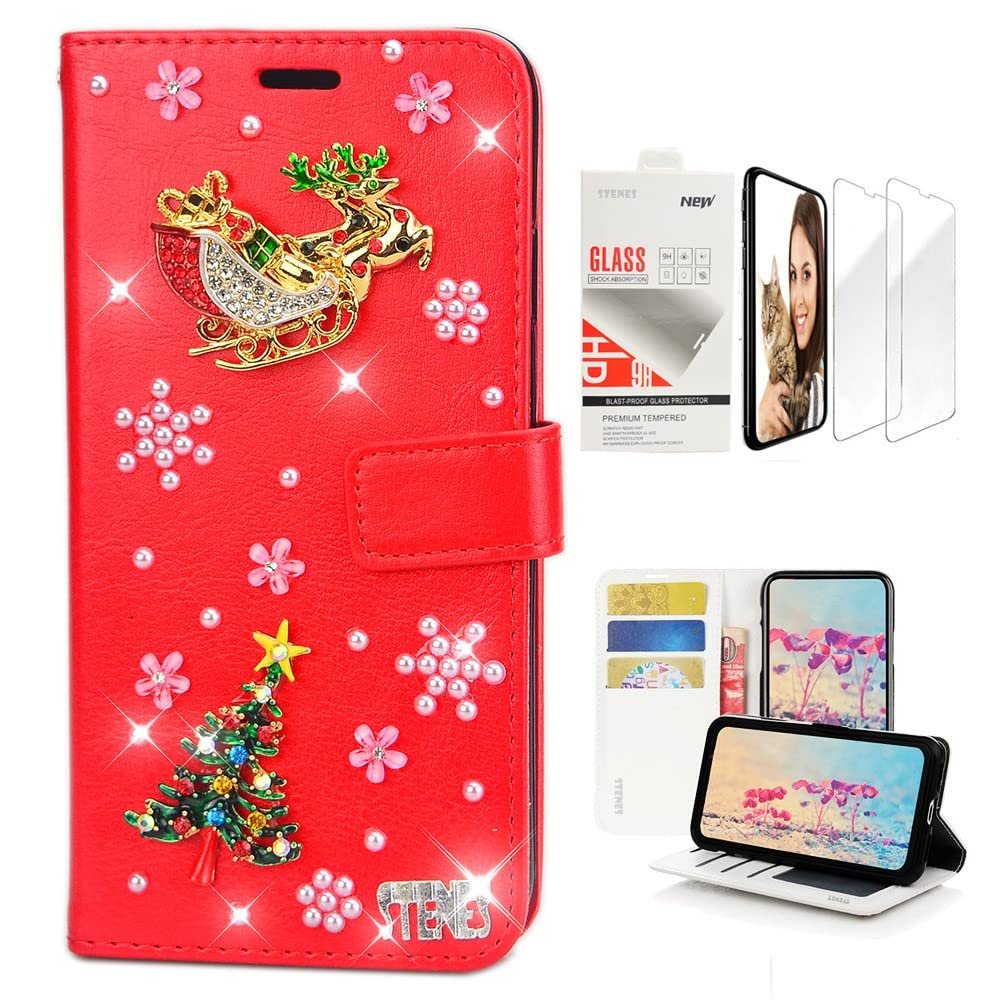 STENES Bling Wallet Case Compatible with iPod Touch 7th Gen (2019) - Stylish - 3D Handmade Christmas Tree Elk Gift Floral Leather Case with Wrist Strap & Screen Protector [2 Pack] - Red