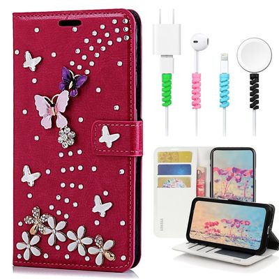 STENES Bling Wallet Case Compatible with iPod Touch 7th Gen (2019) - Stylish - 3D Handmade S-Link Butterfly Floral Design Leather Cover with Cable Protector [4 Pack] - Red