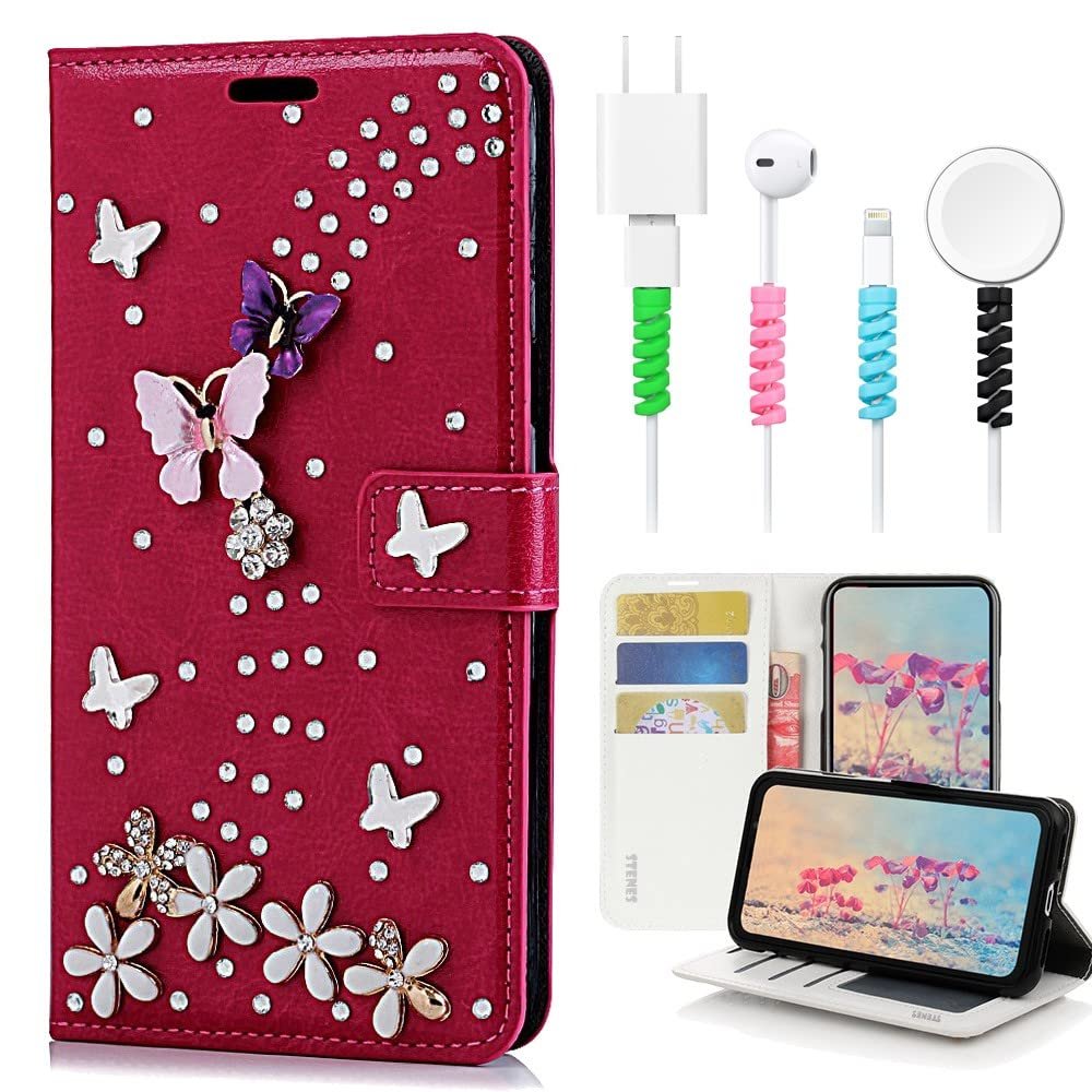 STENES Bling Wallet Case Compatible with iPod Touch 7th Gen (2019) - Stylish - 3D Handmade S-Link Butterfly Floral Design Leather Cover with Cable Protector [4 Pack] - Red