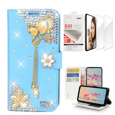 STENES Bling Wallet Case Compatible with iPod Touch 7th Gen (2019) - Stylish - 3D Handmade Luxury Leaf Pendant Flowers Leather Case with Wrist Strap & Screen Protector [2 Pack] - Blue