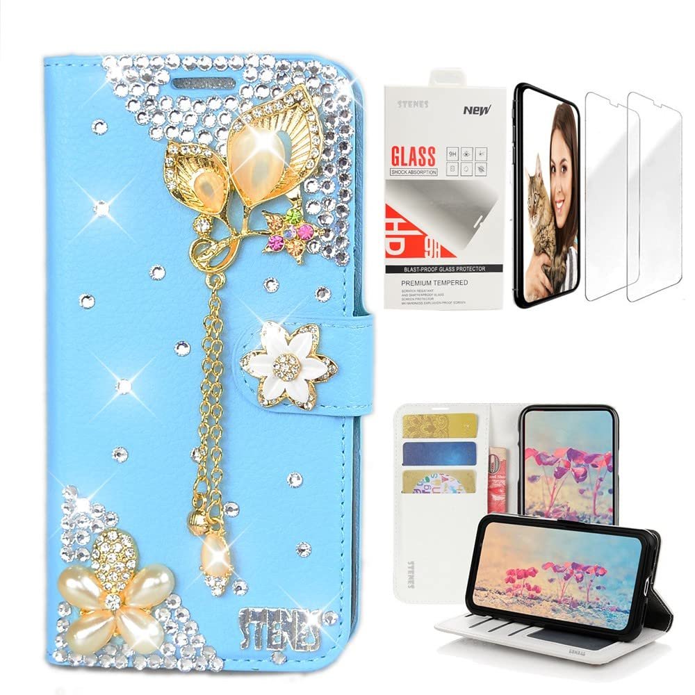 STENES Bling Wallet Case Compatible with iPod Touch 7th Gen (2019) - Stylish - 3D Handmade Luxury Leaf Pendant Flowers Leather Case with Wrist Strap & Screen Protector [2 Pack] - Blue