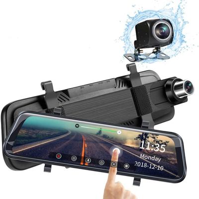 10 Inch Mirror Dash Cam for Cars Full Touch Screen, Backup Camera Stream Media, 1296 170 Front and 1080P 150 Wide Angle Full HD Rear View Camera, (Free 32GB SD Card)