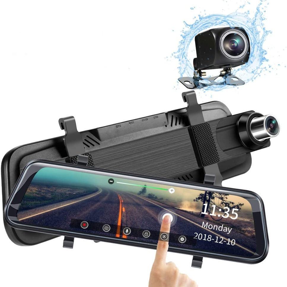 10 Inch Mirror Dash Cam for Cars Full Touch Screen, Backup Camera Stream Media, 1296 170 Front and 1080P 150 Wide Angle Full HD Rear View Camera, (Free 32GB SD Card)