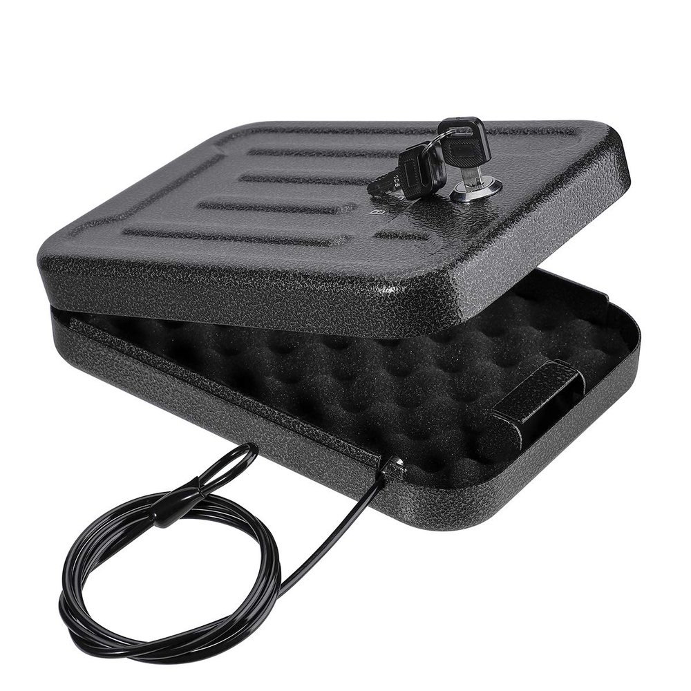 BAGKOOL Portable Security Lock Box - Gun Safety, Money, and Document Safe - Personal Safe Box with Patented 39IN Security Cable and 4 Keys - Ideal for Valuables and Firearms - Size 9.4 * 6.5 * 1.96 IN