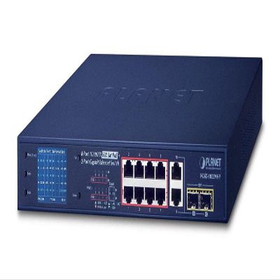 Planet 8-Port 10/100TX 802.3at PoE + 2-Port Gigabit TP/SFP Combo, FGSD-1022VHP (+ 2-Port Gigabit TP/SFP Combo Desktop Switch with Smart Color LCD 120W PoE Budget Standard/VLAN/Ext)