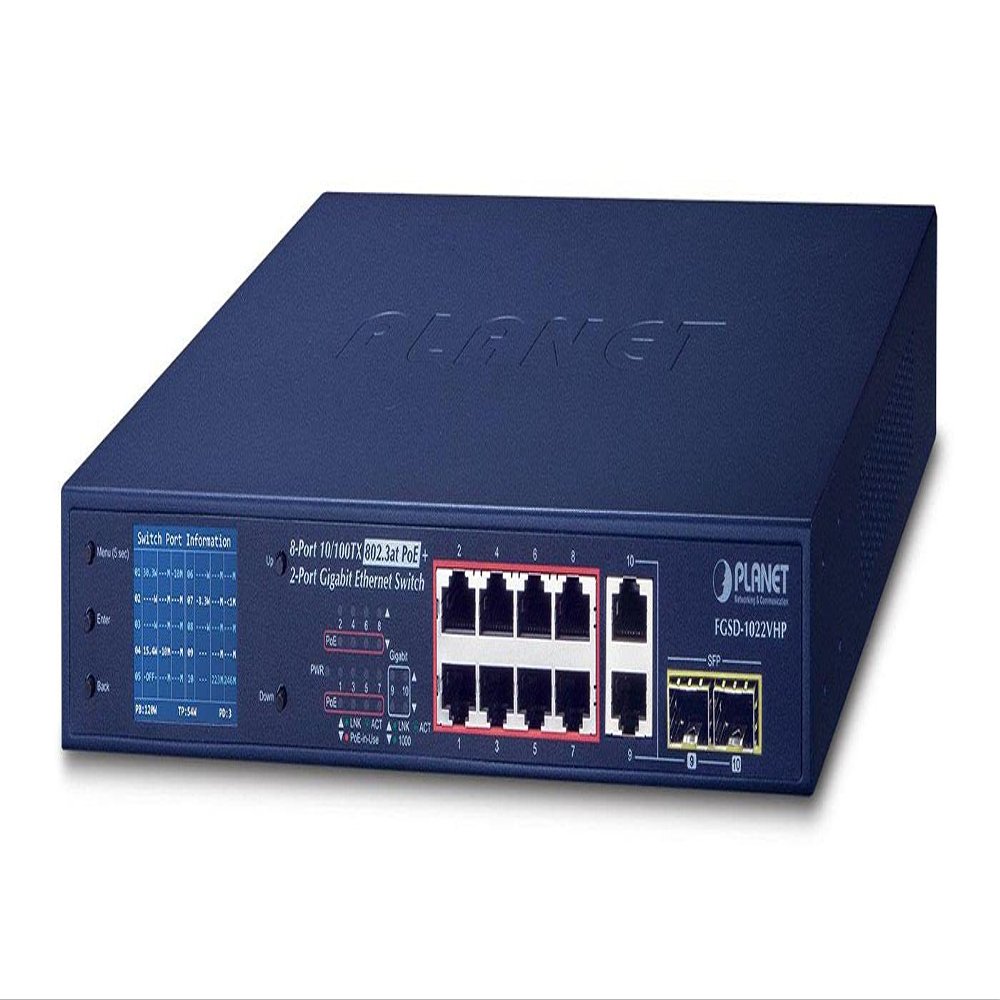 Planet 8-Port 10/100TX 802.3at PoE + 2-Port Gigabit TP/SFP Combo, FGSD-1022VHP (+ 2-Port Gigabit TP/SFP Combo Desktop Switch with Smart Color LCD 120W PoE Budget Standard/VLAN/Ext)