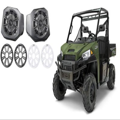 SSV Works RG4-F65U 6.5" Front Speakers Kick Panel Pod Enclosures Compatible with 2018 Polaris Ranger XP1000 Bundle with KICKER 45KM654 6.5" 390w Marine Boat Speakers KM65 w/Charcoal with White Grilles