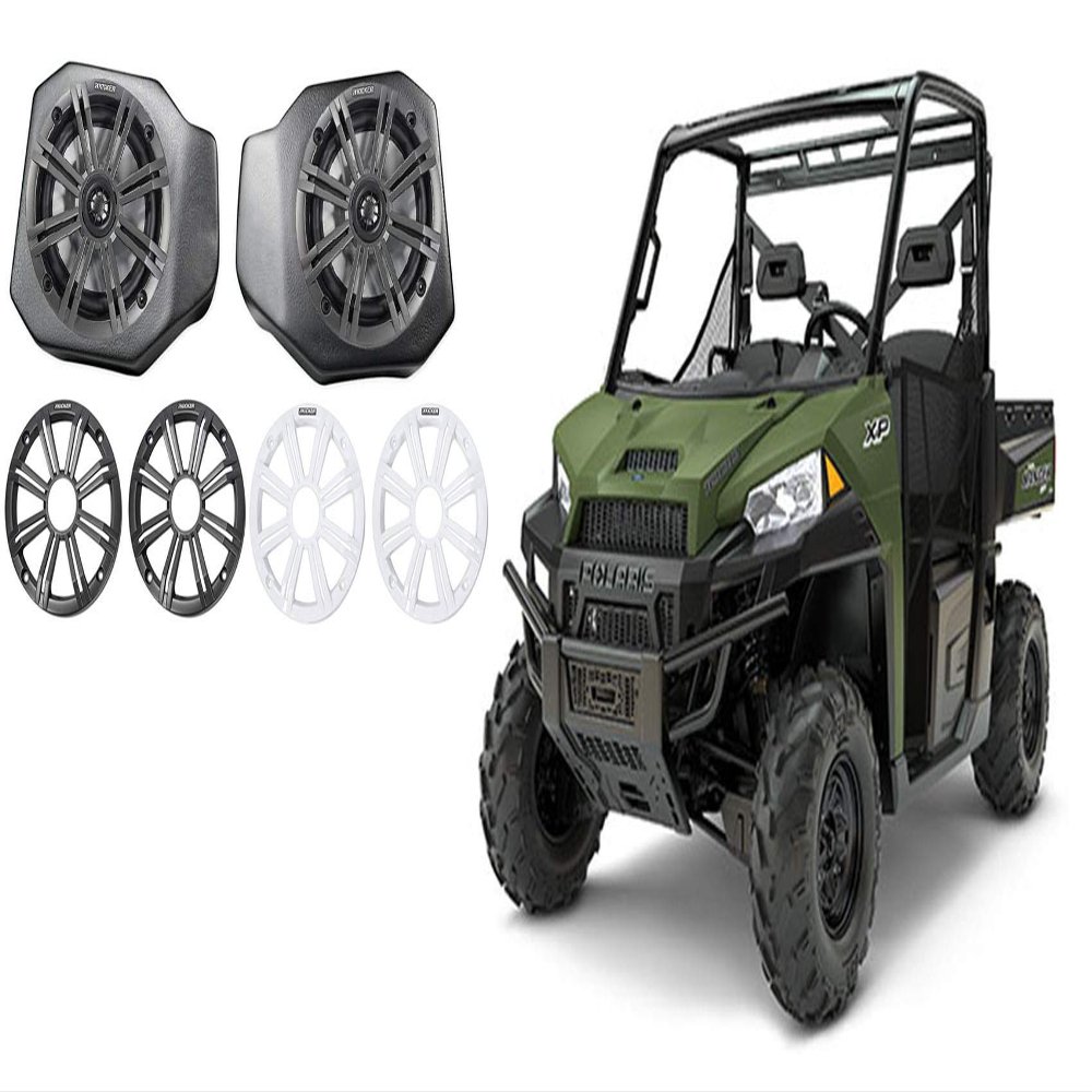 SSV Works RG4-F65U 6.5" Front Speakers Kick Panel Pod Enclosures Compatible with 2018 Polaris Ranger XP1000 Bundle with KICKER 45KM654 6.5" 390w Marine Boat Speakers KM65 w/Charcoal with White Grilles