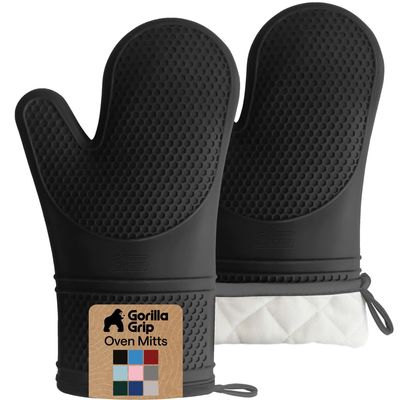 GORILLA GRIP BPA-Free Soft Silicone Oven Mitts, 550F Heat Resistant Waterproof Cooking Safety Gloves, Thick Cotton Lining, Flexible Gripping for BBQ Grilling, Kitchen Potholders Set, 12.5x8.3, Black