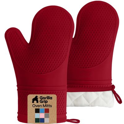 GORILLA GRIP BPA-Free Soft Silicone Oven Mitts, 550F Heat Resistant Waterproof Cooking Safety Gloves, Thick Cotton Lining, Flexible Gripping for BBQ Grilling, Kitchen Potholders Set, 12.5x8.3, Red